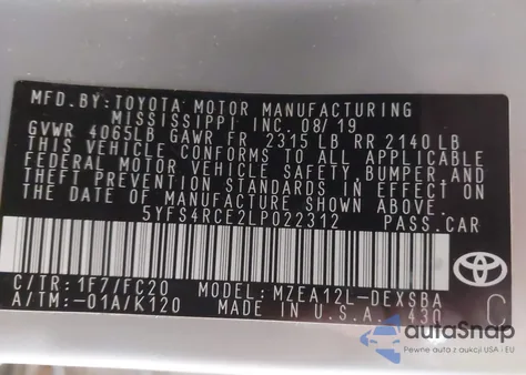 2020 Toyota Corolla Se from USA, damaged, VIN 5YFS4RCE2LP022312